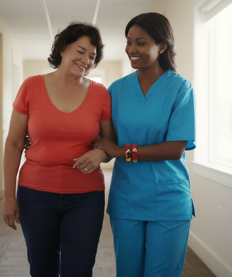 black lade care giver walking with a lady